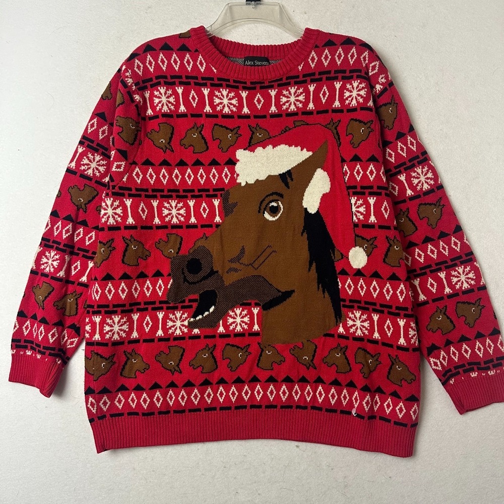 Alex Stevens Santa Horse Ugly Christmas Sweater Red Fair Isle Mens XL Holiday
